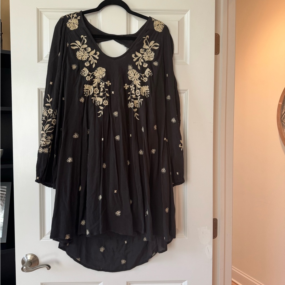 Free People Black Tunic with Cream Floral Embroidery